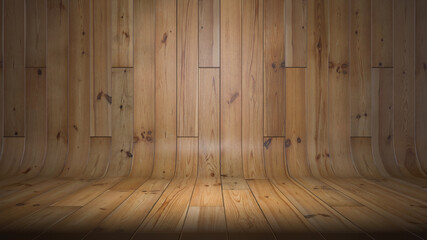 abstract wooden 3d bend empty plane scene from floor to wall