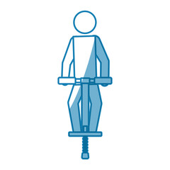 blue line pictogram man jumping with a pogo stick, vector illustration