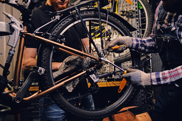 Mechanic fixing rear derailleur from a bicycle. - obrazy, fototapety, plakaty