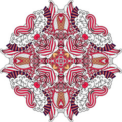 Round red ornate element with swirls