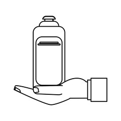 Vector icon of pet brush and shampoo. Symbol of animal care, tools and supplies for dog grooming. Cartoon illustration isolated on white background.