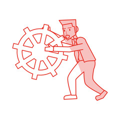 Flat line monocromatic man with rudder over white background. Vector illustration