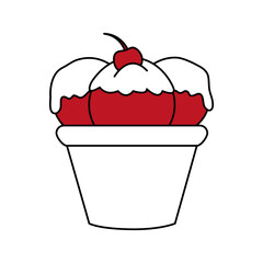 Flat line ice cream cup with cherry over white background. Vector illustration.