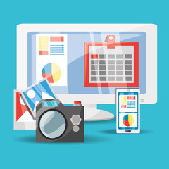 computer, camera and smartphonne digital marketing concept, vector illustration