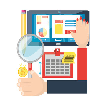 hand holding a magnifying glass and different icons of digital marketing, vector illustration