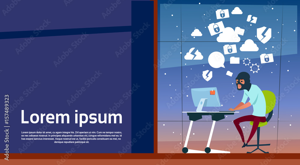 Poster man sitting at computer hacker activity concept viruses data privacy attack internet information sec