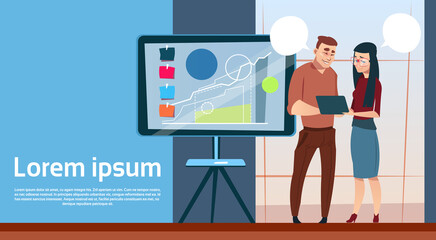 Business Man And Woman With Flip Chart Seminar Training Conference Brainstorming Presentation Financial Graph Flat Vector Illustration