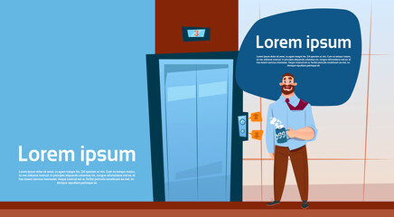 Obraz premium Business Man Boss Waiting Elevator Hold Hot Coffee Cup, Modern Office Interior Banner With Copy Space Flat Vector Illustration
