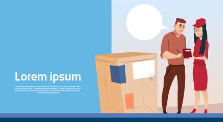 Man Sign Document Courier Woman Box Delivery Package Post Service Banner Copy Space Flat Vector Illustration