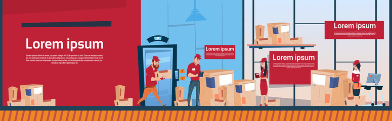 Courier Man And Woman Carry Boxes Delivery Package Post Service Warehouse Interior Banner Copy Space Flat Vector Illustration