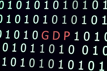 red GDP text among green binary code