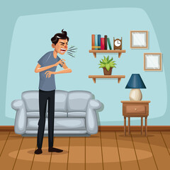 background living room home with sneeze sickness people vector illustration