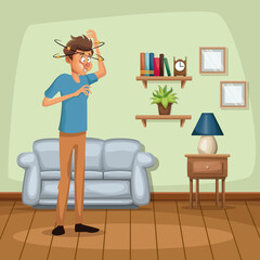 background living room home with dizziness and vomiting sickness people vector illustration