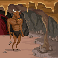 Cave interior background with minotaur greek mythological creature vector illustration