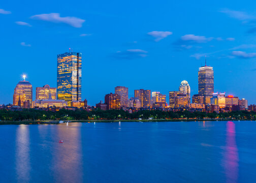 Boston skyline at the evening. Skyscrapers and office buildings in Back Bay. Massachusetts, USA