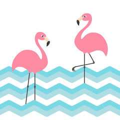 Naklejka premium Dwa różowe flamingi. Fala zygzak wody oceanu błękitnego morza. Egzotyczny ptak tropikalny. Kolekcja zwierząt w zoo. Postać z kreskówki ładny. Element dekoracji. Płaska konstrukcja. Białe tło.