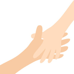 Handshake. Two hands arms reaching to each other. Happy couple. Mother and child. Helping hand. Close up body part. Baby care. White background. Isolated. Flat design.