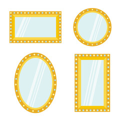 Golden retro makeup mirror with electric light bulb set. Oval, round circle, rectangular shape. Shining lamp. Decoration element template. Flat design. White background. Isolated