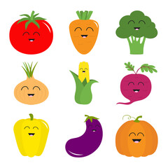 Vegetable icon set. Pepper, tomato, carrot, broccoli, onion, sweet corn, beet, eggplant, aubergine, pumpkin. Smiling face. Healthy food. Education card for kids. Flat design. White background.