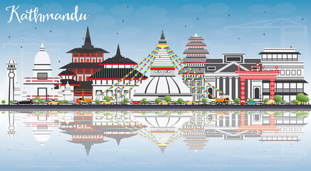 Kathmandu Skyline with Gray Buildings, Blue Sky and Reflections. - obrazy, fototapety, plakaty