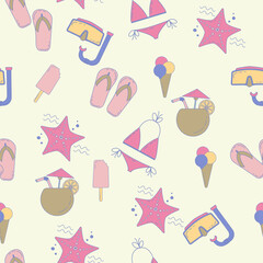  Summer beach pattern. Starfish, swimsuit, beach slippers, ice cream, cocktail, mask for diving. Seamless pattern background for textile or book covers, construction, wallpaper, print, gift wrapping.