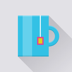 Tea mug flat icon. Blue mug with tea bag pocket, lunch time in the office, coffee break. Vector flat style cartoon illustration with long shadow on gray background. Business concept