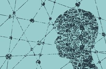 Profile of the head of a man. Mental health relative vector brochure design template. Scientific medical designs. Molecule Communication Background. Connected lines with dots. Grunge cracked texture