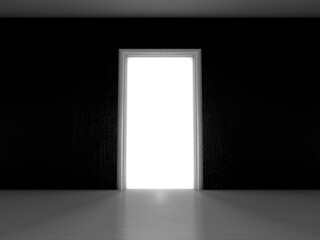 Open door in a room with the outgoing light. 3D rendering