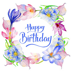 Wildflower crocuses  flower frame in a watercolor style isolated.