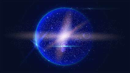 Bright glowing ball filled with particles and dust with shine and glow. The specks of light flying from the explosion. Dynamic digital, technology backdrop for breaking news or cover.