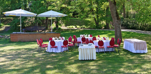 On a solar green forest glade tables for a wedding ceremony