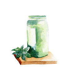 fresh green smoothie illustration. Hand drawn watercolor on white background.