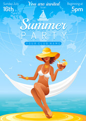 Summer party invitation flyer design. Sea beach landscape background. Sexy young girl travel. People vacation vector illustration poster. Night club banner. Hawaiian luau abstract template