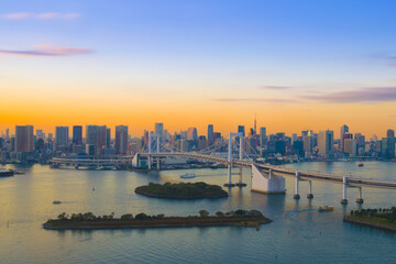 Fototapeta na wymiar Tokyo skyline with rainbow bridge at dusk.