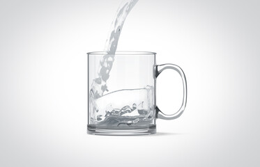 Pouring water in blank transparent glass mug mock up isolated, 3d rendering. Clear translucent coffee cup mock up for sublimation printing with boiling. Empty gift crystal pint branding template.