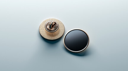 Blank black round gold lapel badge mock up, front and back side view, 3d rendering. Empty luxury...