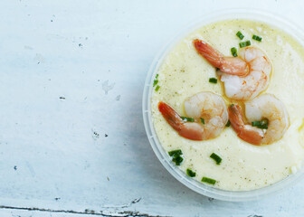 Steamed Egg with shrimp on wooden table backgrounds top views
