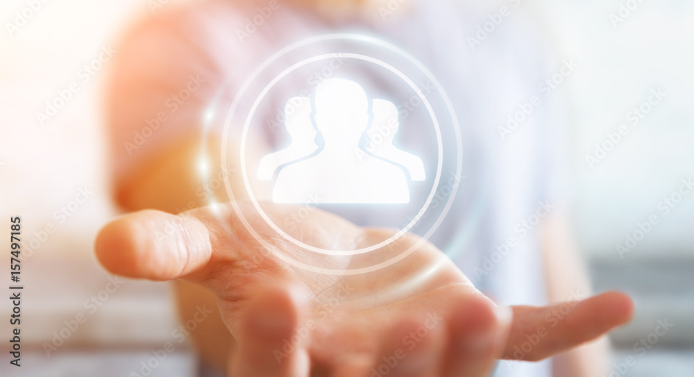 Poster businessman using blue social network 3d rendering