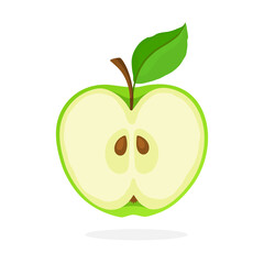 Vector illustration in flat style. A piece of green apple cut in half with stem and leaf. Healthy vegetarian food. Decoration for greeting cards, prints for clothes, posters, menus