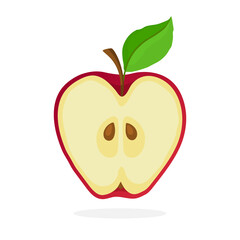 Vector illustration in flat style. A piece of red apple cut in half with stem and leaf. Healthy vegetarian food. Decoration for greeting cards, prints for clothes, posters, menus