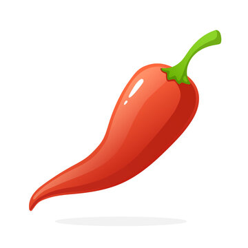 Vector illustration in flat style. Red spicy hot chili pepper with a stem. Healthy vegetarian food. Decoration for greeting cards, prints for clothes, posters, menus