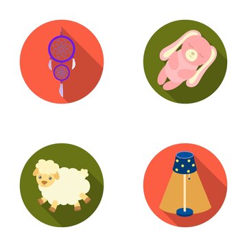 Dream catcher, soft toy sheep and rabbit, floor lamp. Rest and sleep set collection icons in flat style vector symbol stock illustration web.
