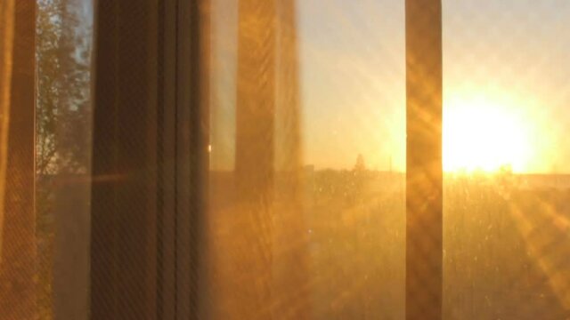Sunset sunrise view through transparent curtain