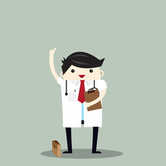 Doctor hold board and show rigth hand with smile on face, Treatment and Patients concept