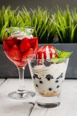Ice cream with whipped cream, blueberries, mint and strawberry jam