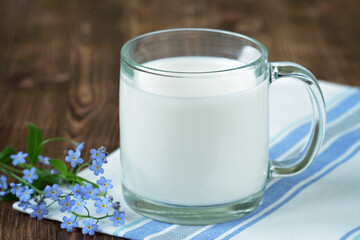 Milk in a glass Cup on a wooden table. Blue flowers.
