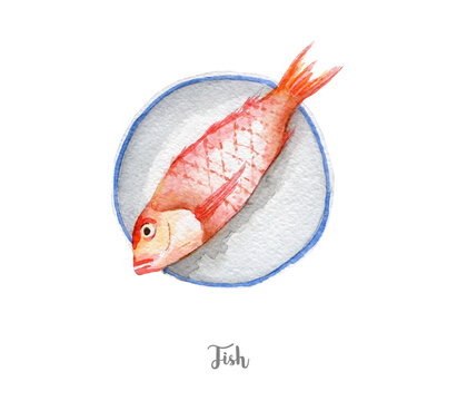 fresh fish illustration. Hand drawn watercolor on white background