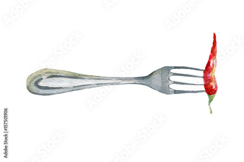 "kitchen tools utencils illustration. Hand drawn watercolor on white