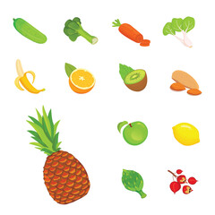 Cute cartoon Healthy food icons. Set of vegetarian foods