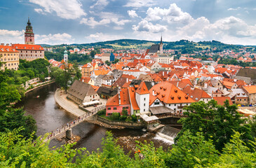 View of medieval city Cesky Krumlov with the castle and Vltava river, Czech republic, Europe